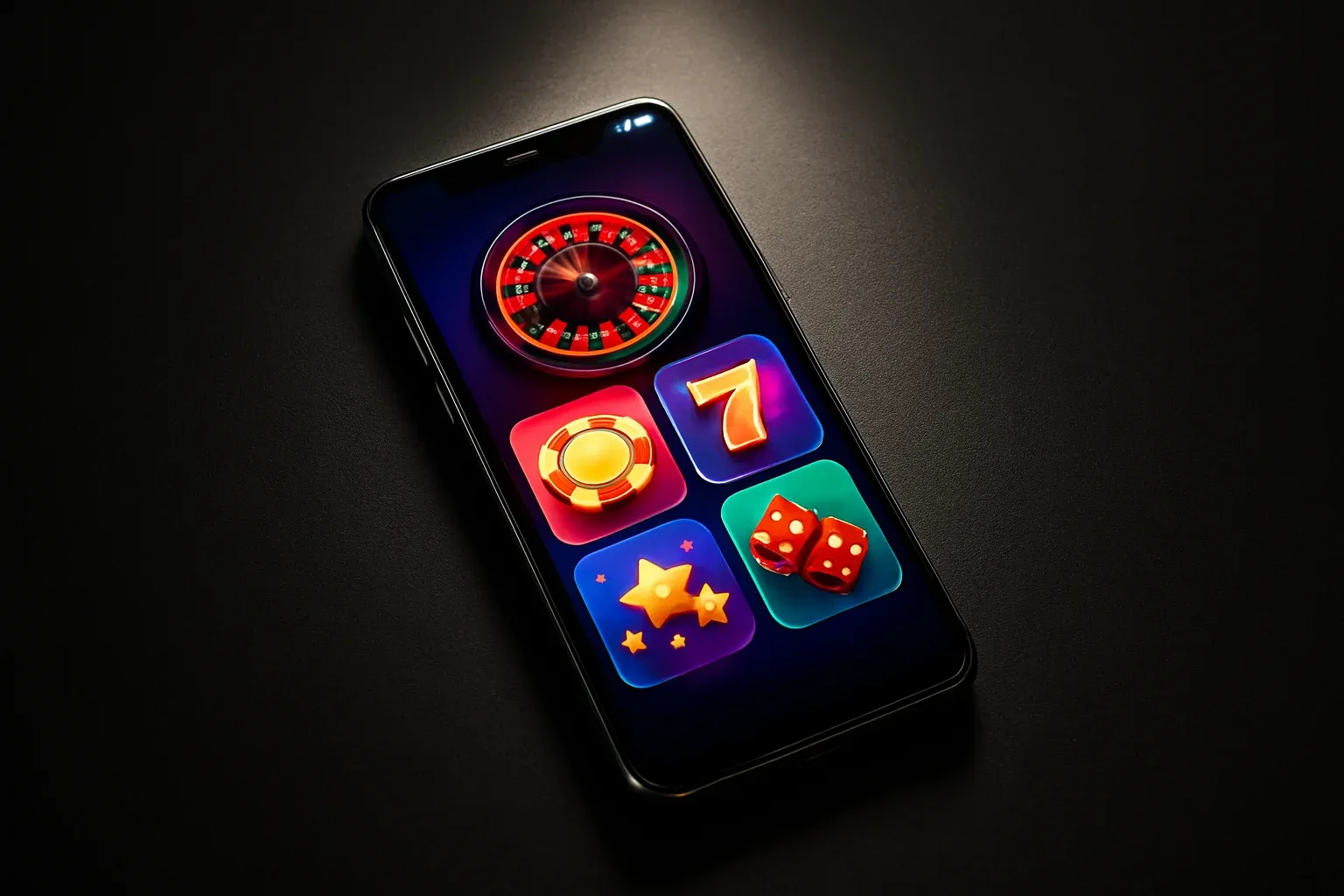 Sleek Android smartphone showing colorful casino-style app interface on dark surface
