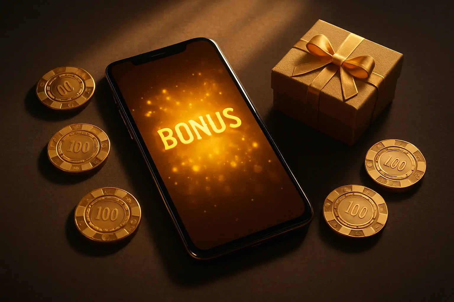 Sleek smartphone showing golden bonus interface with casino chips and gift box