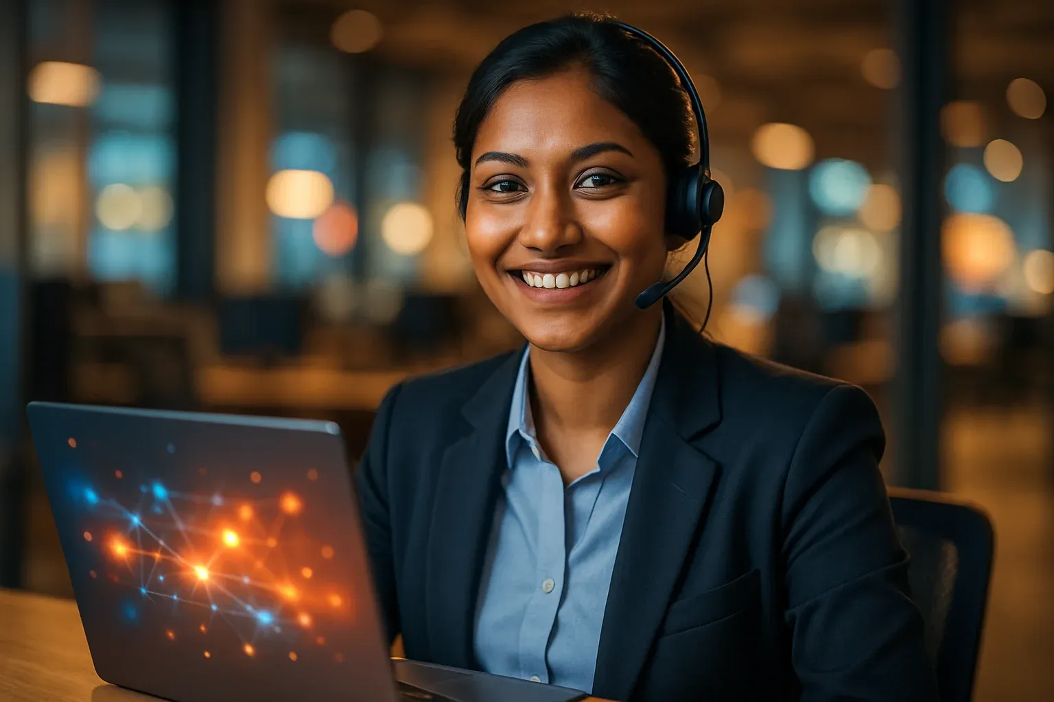 Smiling Bangladeshi customer service representative at desk with laptop in warm office