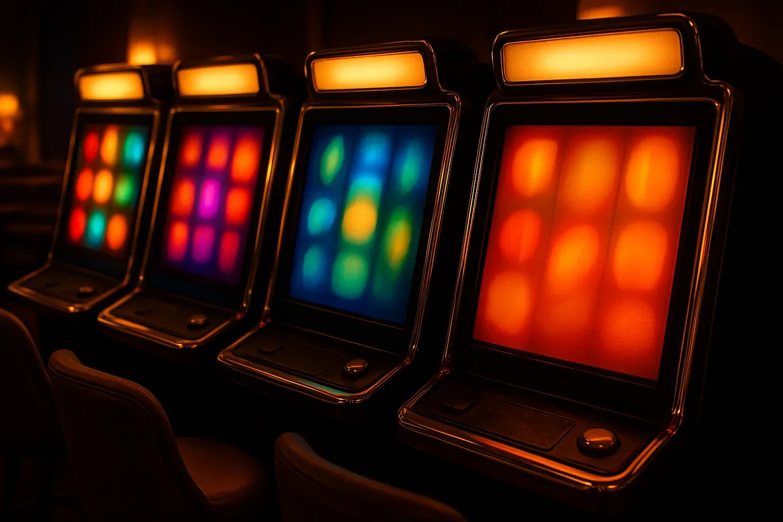 Colorful slot machine screens glowing in a dark neon casino lounge