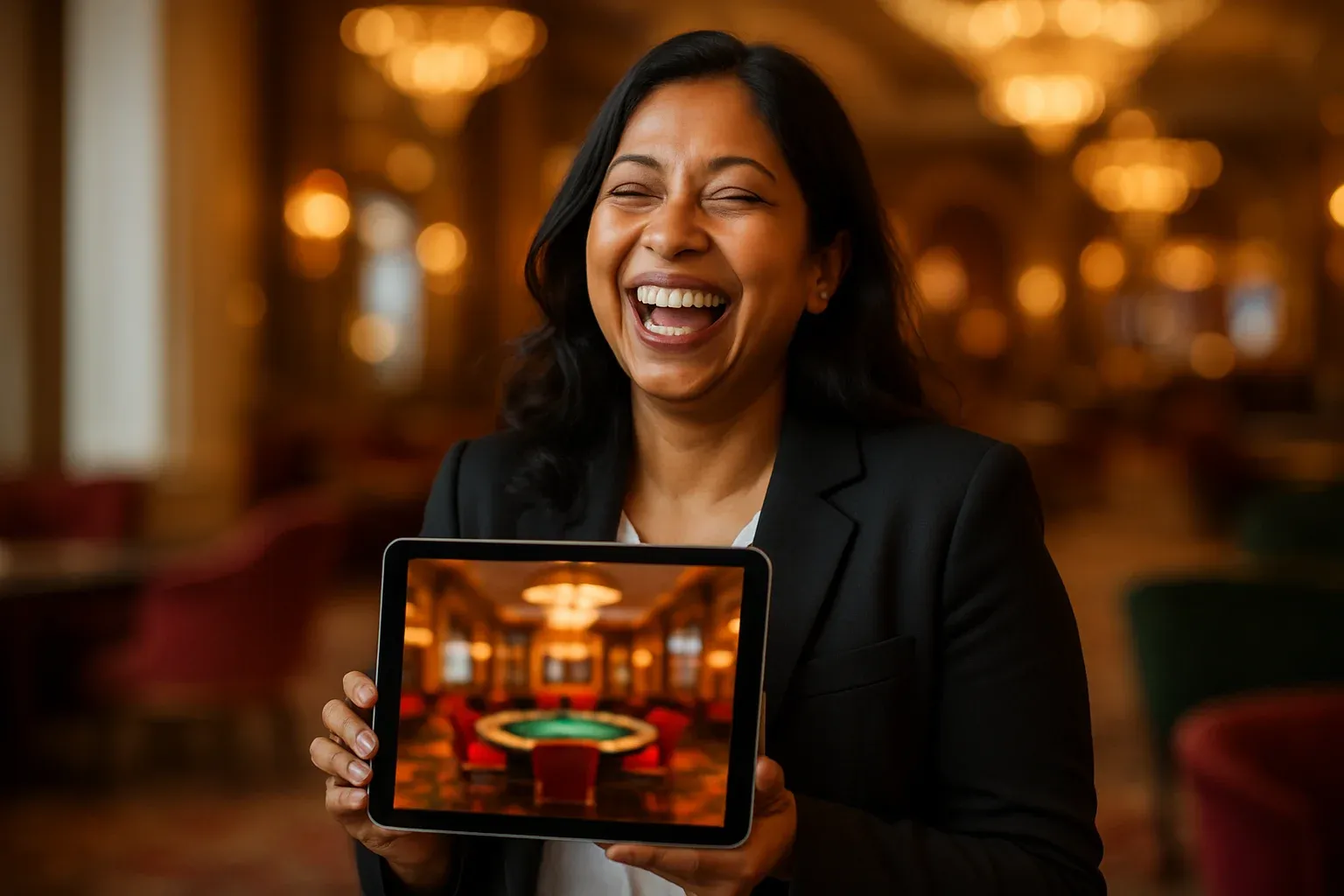 Happy Bangladeshi woman laughing in blazer holding tablet, blurred casino lobby