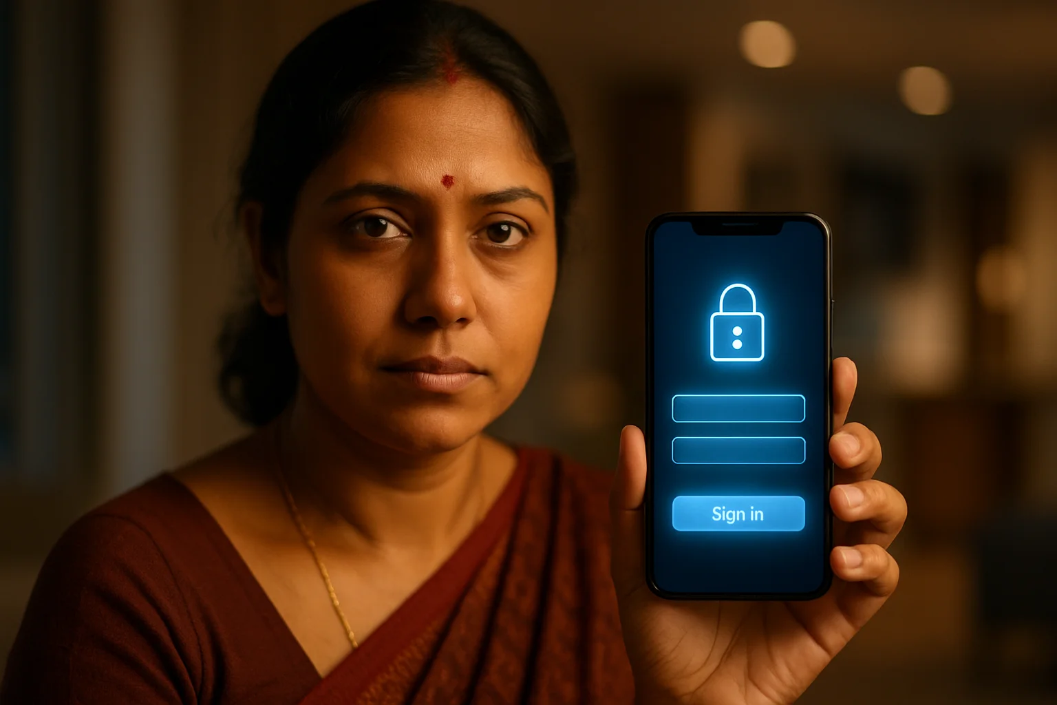 Bangladeshi woman holding smartphone showing stylized login screen in apartment