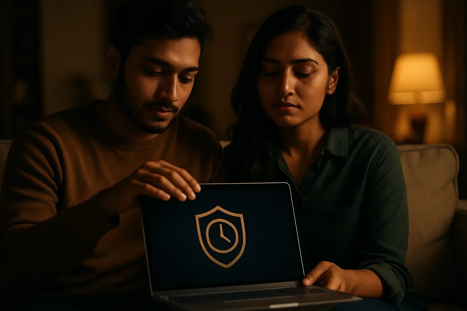 Young Bangladeshi couple calmly closing laptop with time-to-stop icon at home