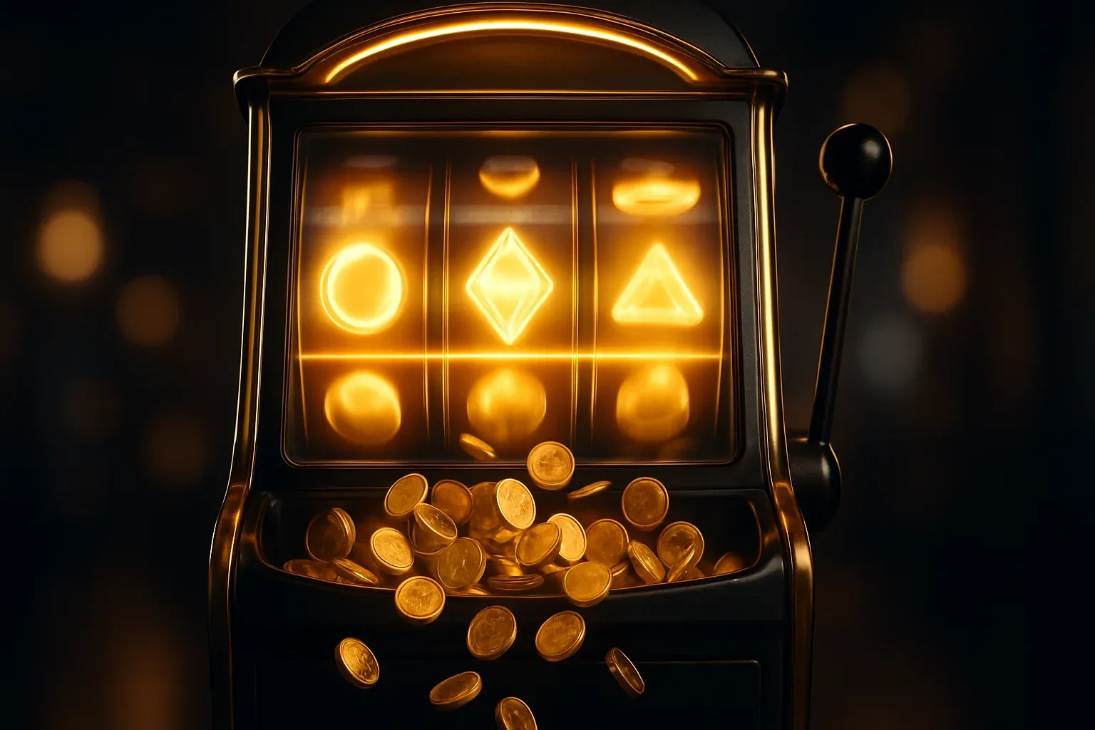 Ultra-realistic ornate slot machine with glowing reels and golden coins spilling